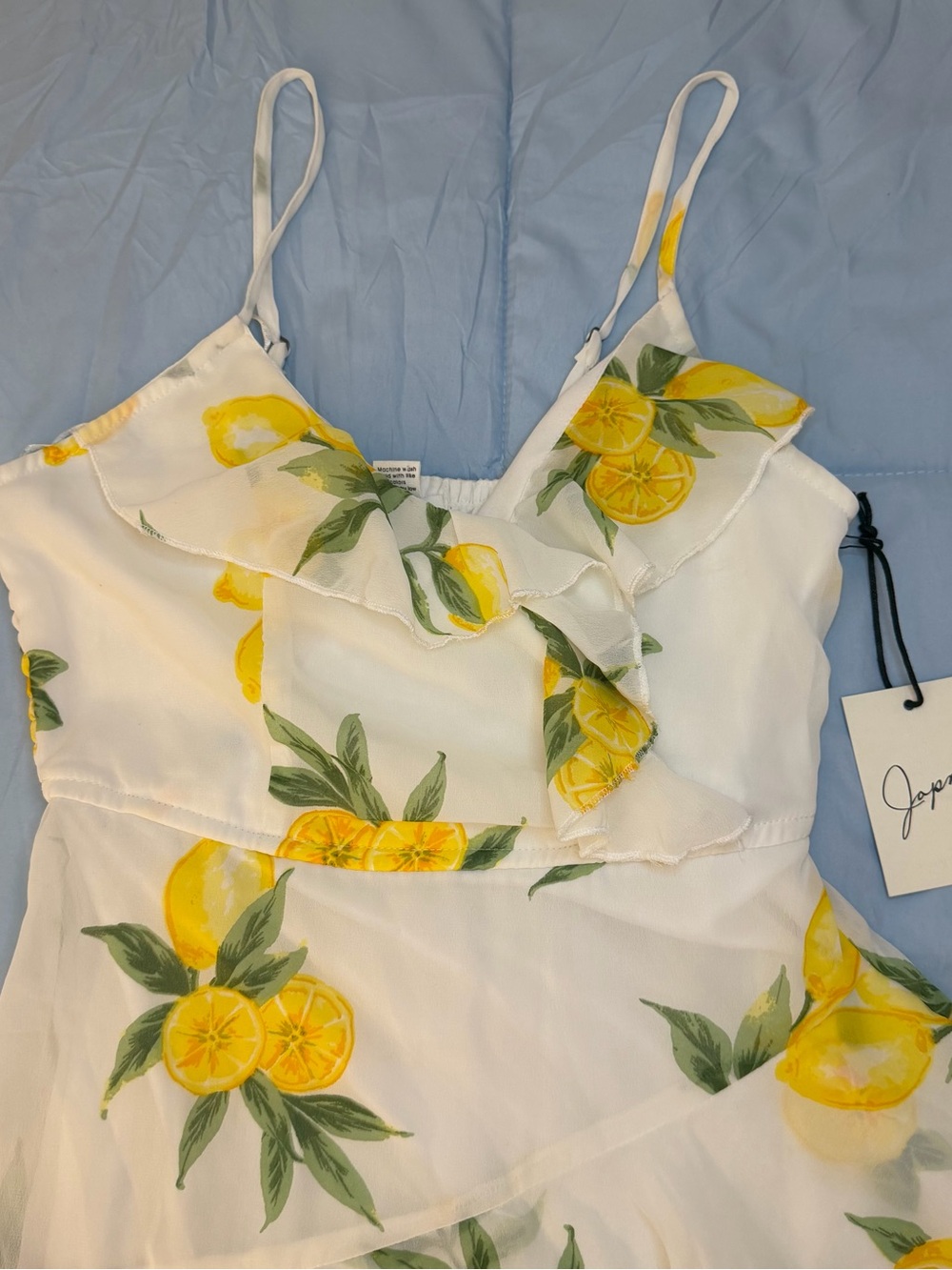 Spaghetti-Strap Lemon Print Ruffle Mini Dress - White & Yellow - Picture 2 of 4
